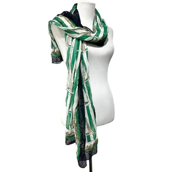 Brooks Brothers Women’s Silk Chiffon Scarf Crinkle Nautical Sailboats 70” X 25” - Picture 2 of 6